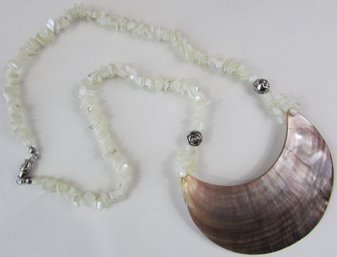 Vintage Drop Pendant Necklace, Polished Mother Of Pearl, Silver Tone ROSE Accent Beads, Barrel Closure