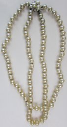 Vintage Double Strand Necklace, Faux Pearls, Silver Tone Base Metal Clasp Closure, Rhinestones, Approx 26'