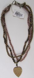 Contemporary Triple Strand NECKLACE, LEAF Pendant, Multicolor & Metallic Plastic Beads, Clasp Closure
