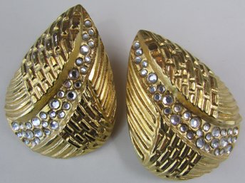 Vintage Pierced EARRINGS, Oversized 'MOB WIFE' Design With RHINESTONES, Post Backings, Gold Tone Base Metal