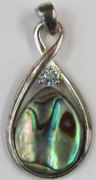 Signed NV, Vintage Drop PENDANT, Iridescent ABALONE Insert, Sterling .925 Silver Setting & Carrier Loop