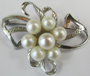 Vintage BROOCH PIN, Stylized BOW Design, Faux Pearl Cluster, Sterling .925 Silver Construction