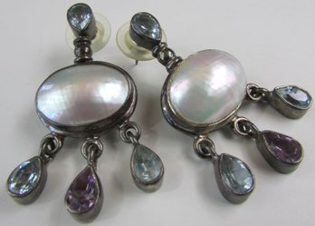 Pierced EARRINGS, Dangle Design, Mother Of Pearl Cabochons & Faceted Stones, Post Backing, Sterling 925 Silver