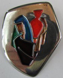 Vintage BROOCH PIN PENDANT, Multicolor MCM Stained Glass Style, Silver Tone Base Metal Construction