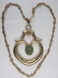 IT'S HUGE, Vintage Chain Necklace, Oversized HEART Pendant, Green Mosaic Style Insert, Gold Tone Base Metal
