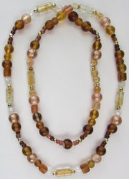 Vintage ART GLASS Necklace, Single Strand, Tonal Amber Color & Yellow Beads, Slip Over Style