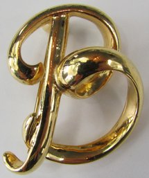 Signed ANNE KLEIN, Vintage BROOCH PIN, Modern Style 'B' Initial, Bright GOLD Tone Base Metal Finish