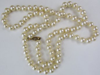 Vintage Single STRAND Necklace, Uniform Size Faux PEARLS, Approximately 29' Length, Gold Tone Base Metal Clasp