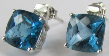 Pierced EARRINGS With Posts, Blue Topaz Faceted Stones, 14K White Gold Settings
