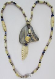 Vintage Drop Pendant Necklace, Natural Clamshell, Accent Beads, Screw Barrel Closure