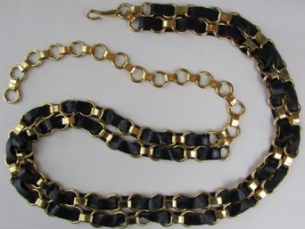 Vintage Chunky CHAIN BELT, Faux LEATHER Ribbon, Gold Tone Base Metal Construction, Hook Fastener