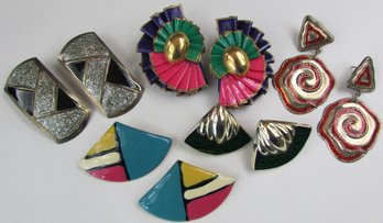 Set Of 5 Pairs! Lightweight Pierced EARRINGS, Colorful Funky '80s Designs, Costume Jewelry