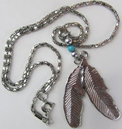 Contemporary Chain Necklace, Dangle FEATHER Design, Accent Beads, Silver Tone Base Metal Construction