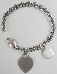 Vintage Interlocking CHAIN Bracelet, HEART Charm, Tiffany Style, Sterling .925 Silver, Clasp Closure