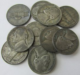 Set 10 Coins! Authentic JEFFERSON SILVER NICKELS $.05, Mixed Date WAR Issue, 35 Percent Silver, Discontinued