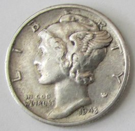 Authentic MERCURY SILVER DIME, Dated 1943D, Dime Ten $.10 Cents, DENVER Mint, 90 Percent Silver United States
