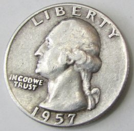 Authentic 1957D WASHINGTON SILVER  $.25 QUARTER, DENVER Mint, 90 Percent Silver, United States