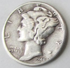 Authentic 1944S MERCURY SILVER DIME $.10, San Francisco Mint, 90 Percent Silver, United States
