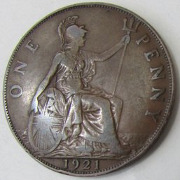 Authentic GREAT BRITAIN Issue, Dated 1921, One 1 Penny, Depicts GEORGE V, Discontinued Design, Copper Content