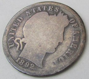 Authentic 1892P BARBER Or LIBERTY DIME $.10, Philadelphia Mint, Discontinued 1st Year Issue, United States