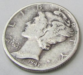 Authentic 1943P MERCURY SILVER DIME $.10, PHILADELPHIA Mint, 90 Percent Silver, Discontinued United States