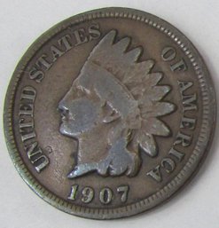 Authentic 1907P INDIAN Cent $.01 Penny, Philadelphia Mint, Copper, Discontinued United States Type Coin