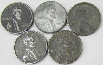 LOT Of 5 Coins! Authentic Wartime Issue, 1943 LINCOLN Cent, ZINC STEEL WHEAT Penny $.01, United States