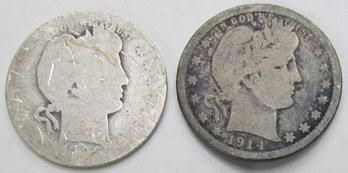 Lot Of 2 Coins! Authentic 1894P BARBER Or LIBERTY SILVER QUARTER $.25, 90 Percent Silver, Discontinued USA