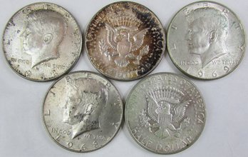 Set Of 5 Coins! Authentic KENNEDY Half Dollar $.50, 1967 1968 1969, 40 Percent SILVER Content, Discontinued
