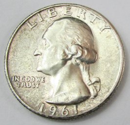 Authentic 1961P WASHINGTON SILVER QUARTER Dollar $.25, Philadelphia Mint, 90 Percent Silver, United States