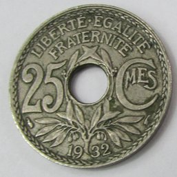 Authentic FRANCE Issue Coin, Dated 1932, Twenty Five 25 CENTIMES, Copper Nickel Content, Discontinued Style