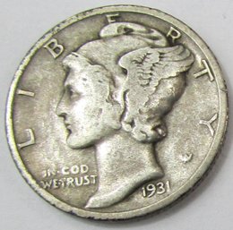 Authentic 1931S MERCURY SILVER DIME $.10 Ten Cents, San Francisco Mint, 90 Percent Silver, Discontinued Type