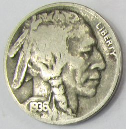 Authentic 1936P BUFFALO NICKEL $.05, PHILADELPHIA Mint, United States Type Coin