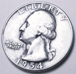 Authentic 1954P WASHINGTON SILVER QUARTER Dollar $.25, Philadelphia Mint, 90 Percent Silver, United States