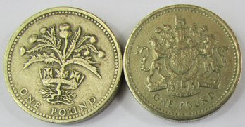 Set Of 2 Coins! Authentic GREAT BRITAIN Issue, Dated 1984 & 1993, One 1 POUND Denomination, Nickel Brass