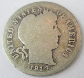 Authentic 1914P BARBER Or LIBERTY SILVER DIME $.10, PHILADELPHIA Mint, 90 Percent Silver, United States