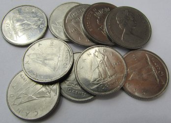 SET Of 10 COINS! Authentic CANADA Issue, DIMES $.10, Mixed Dates, Nickel Content