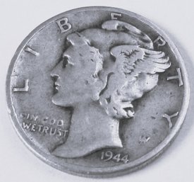 Authentic 1944P MERCURY SILVER DIME $.10, Philadelphia Mint, 90 Percent Silver, Discontinued United States