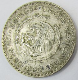 Authentic MEXICO Issue Coin, Dated 1962, One 1 Peso Denomination, Jose Morelos, Silver Content, Discontinued