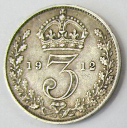 Authentic Great Britain Issue Coin, Dated 1912, Three 3 Pence, Depicts George V, Silver Content