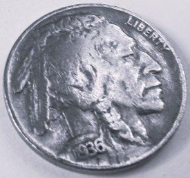 Authentic 1936P BUFFALO NICKEL $.05, Philadelphia Mint, Discontinued United States Type Coin