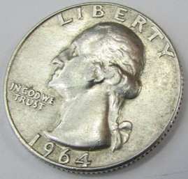 Authentic 1964D WASHINGTON SILVER QUARTER Dollar $.25, Denver Mint, 90 Percent Silver, United States