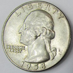Authentic 1958D WASHINGTON QUARTER Dollar $.25, DENVER Mint, 90 Percent SILVER, United States