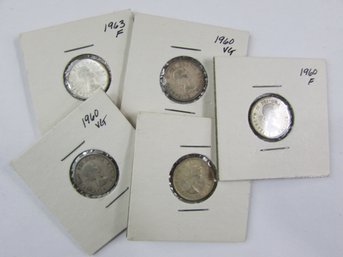 Set Of 5! Authentic CANADA Issue Coins, DIME Ten $.10 Cents, Mixed Dates, SHIP Design, Silver Content