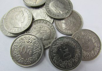 Set 10 Coins! Authentic Switzerland Issue, Mixed Dates, Twenty 20 RAPPEN Denomination, Nickel Content