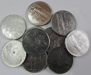 Set 10 Coins! Authentic ITALY Issue, Mixed Dates, One Hundred 100 LIRA Denomination, Copper Nickel Content