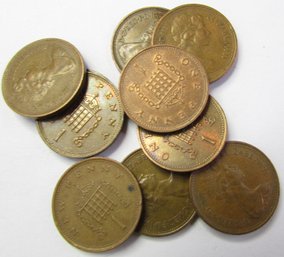 SET Of 10 Coins! Authentic United Kingdom Issue, Mixed Dates, New One 1 Penny, Great Britain, Bronze Content