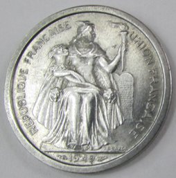 Authentic FRANCE Issue Coin, Dated 1949, Two 2 FRANCS, New Caledonia, Aluminum Content, Discontinued Style