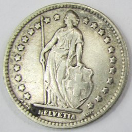 Authentic Switzerland Issue Coin, Dated 1920B, Helvetia, One 1 Swiss Franc, Silver Content