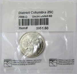 Authentic 2009D Washington Quarter, Commemorative DISTRICT COLUMBIA, Denver Mint, BU, Copper Nickel Clad